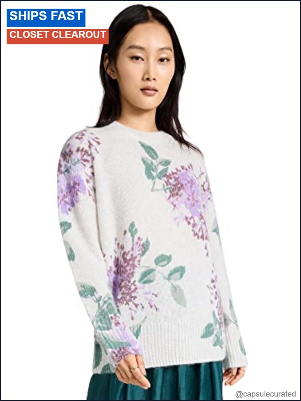 Vince Women's Printed Floral Jacquard Sweater Pullover Long Sleeve Crew Neck
